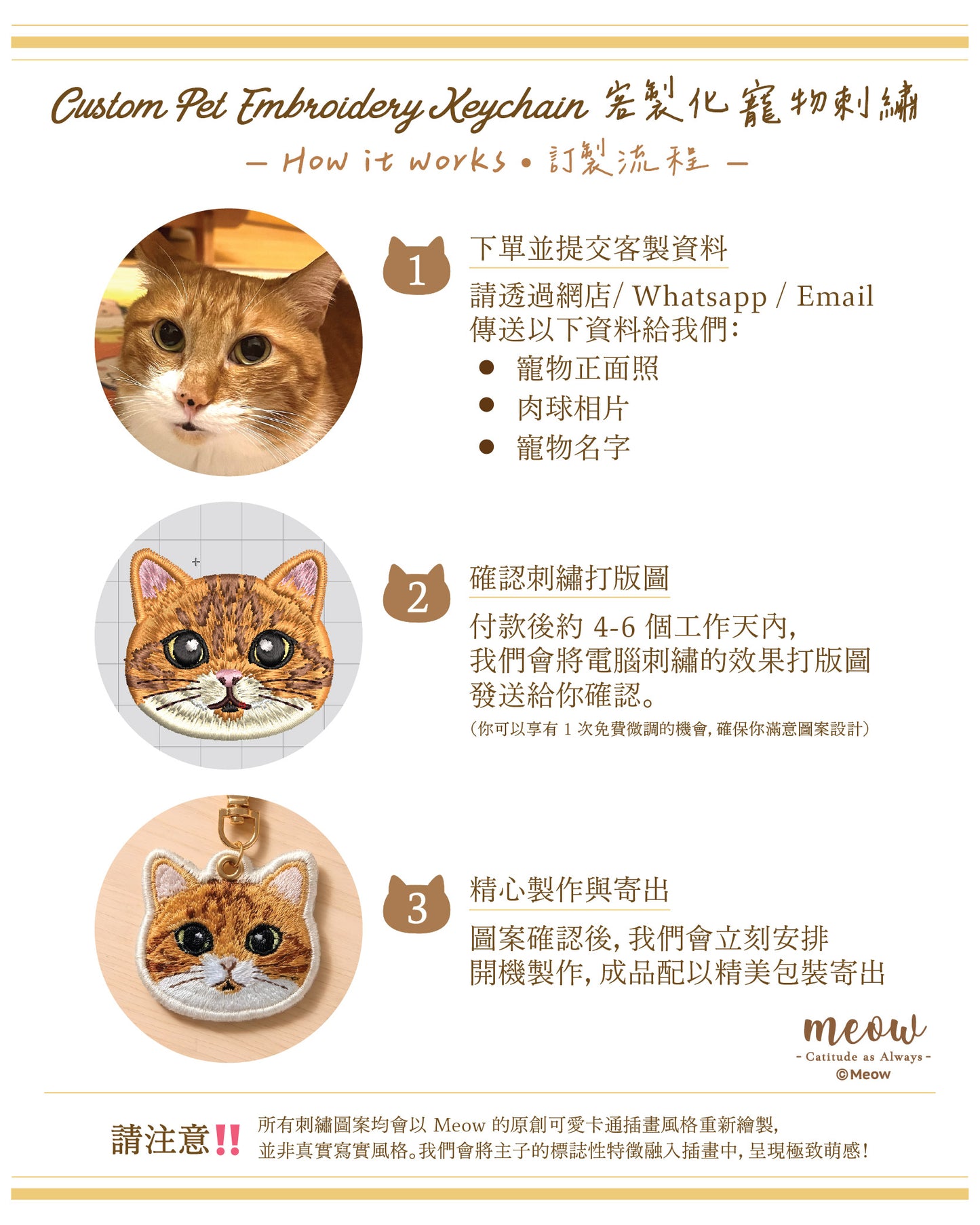 超萌客製寵物刺繡 Keychain|你家主子插畫風模樣 + 超萌肉球顏色 + 名字 Meow by Catitude